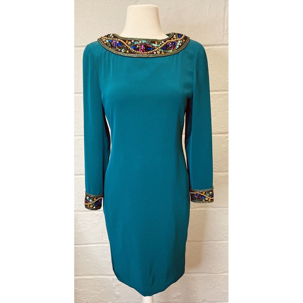 Niteline Della‎ Roufogali Emerald Green Dress Cocktail Sz 4 Petites 80s Jeweled
